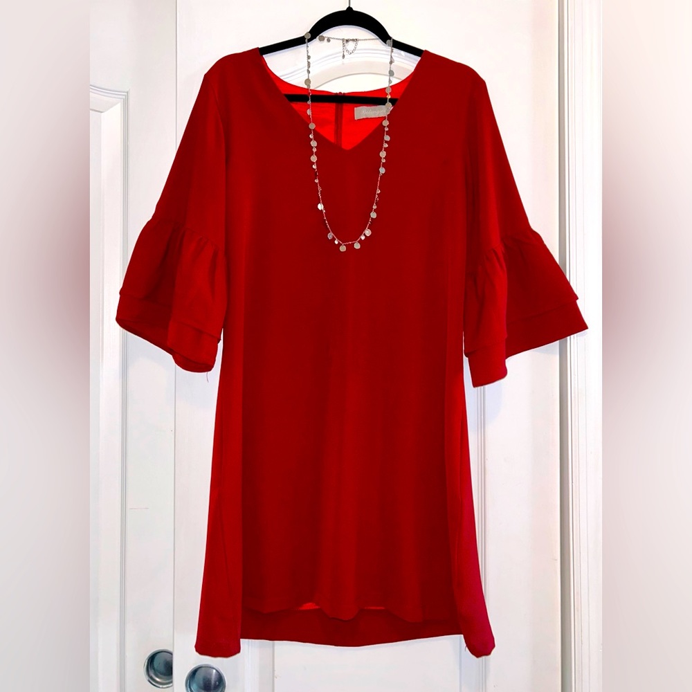 Belongsci women’s red V-neck dress with ruffle long sleeve